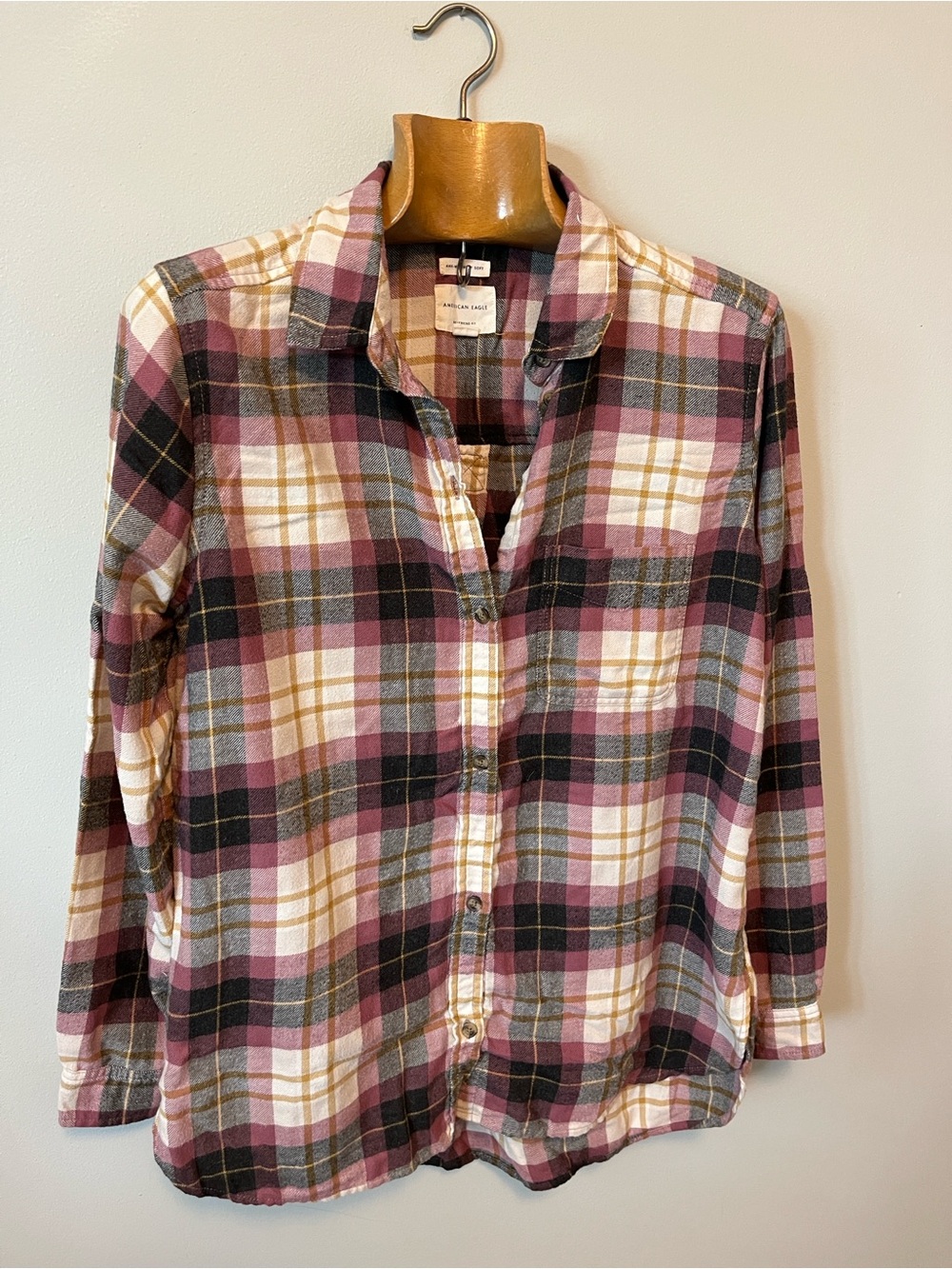 American Eagle Outfitters Plaid Button-Up — Purple, Black & Cream